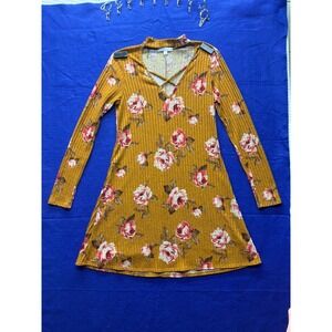Cottagecore Womens Moa Moa Floral Ribbed Knit Mini Dress S Mustard‎ Yellow